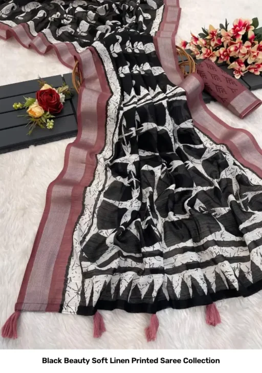 Black Beauty Soft Linen Printed Saree Collection