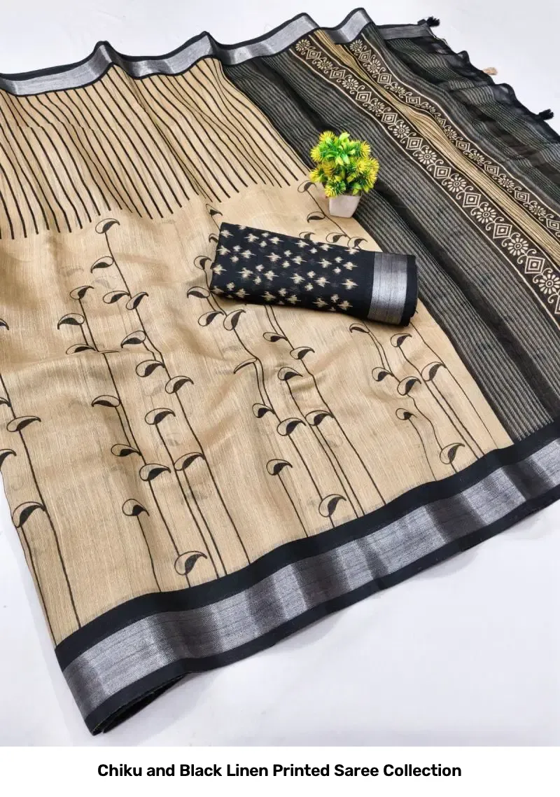 Chiku and Black Linen Printed Saree Collection