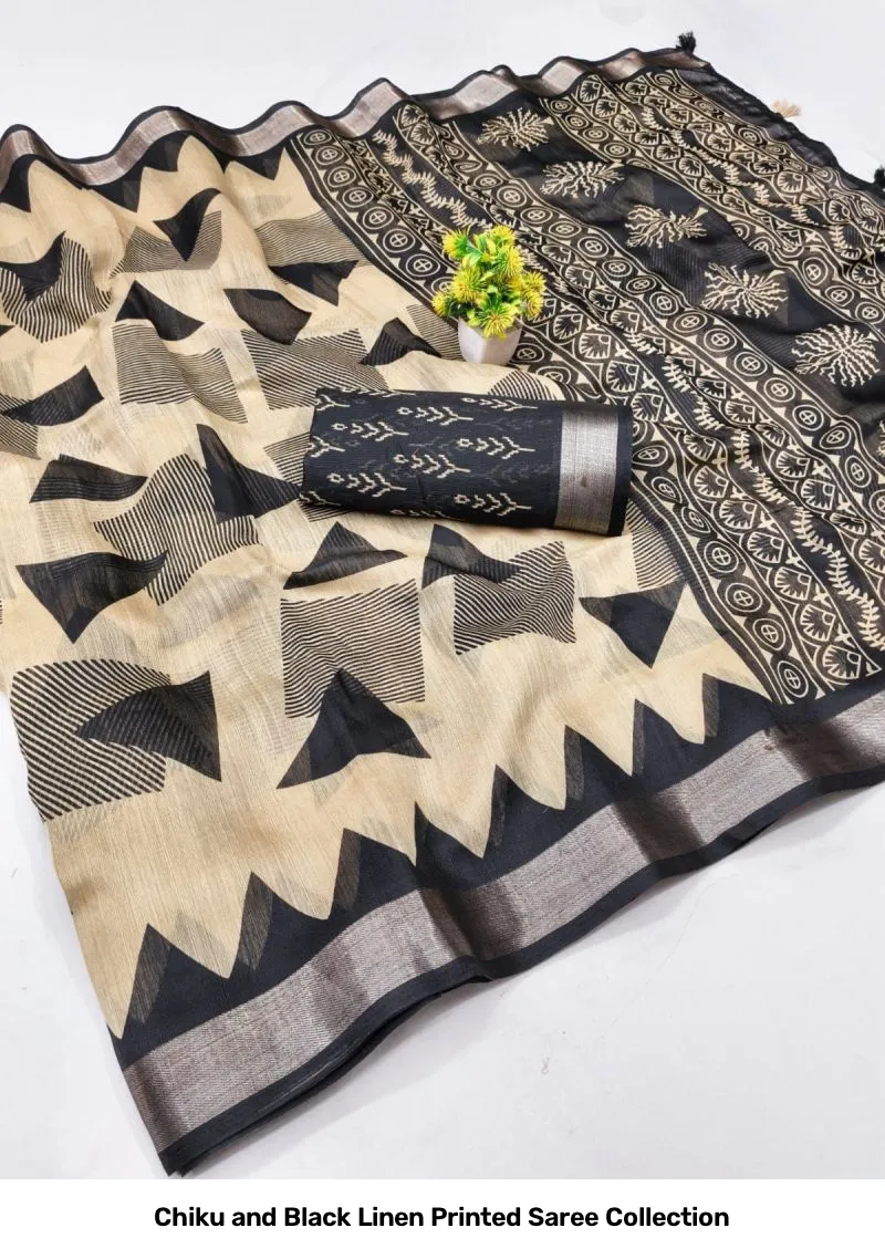Chiku and Black Linen Printed Saree Collection - Image 10