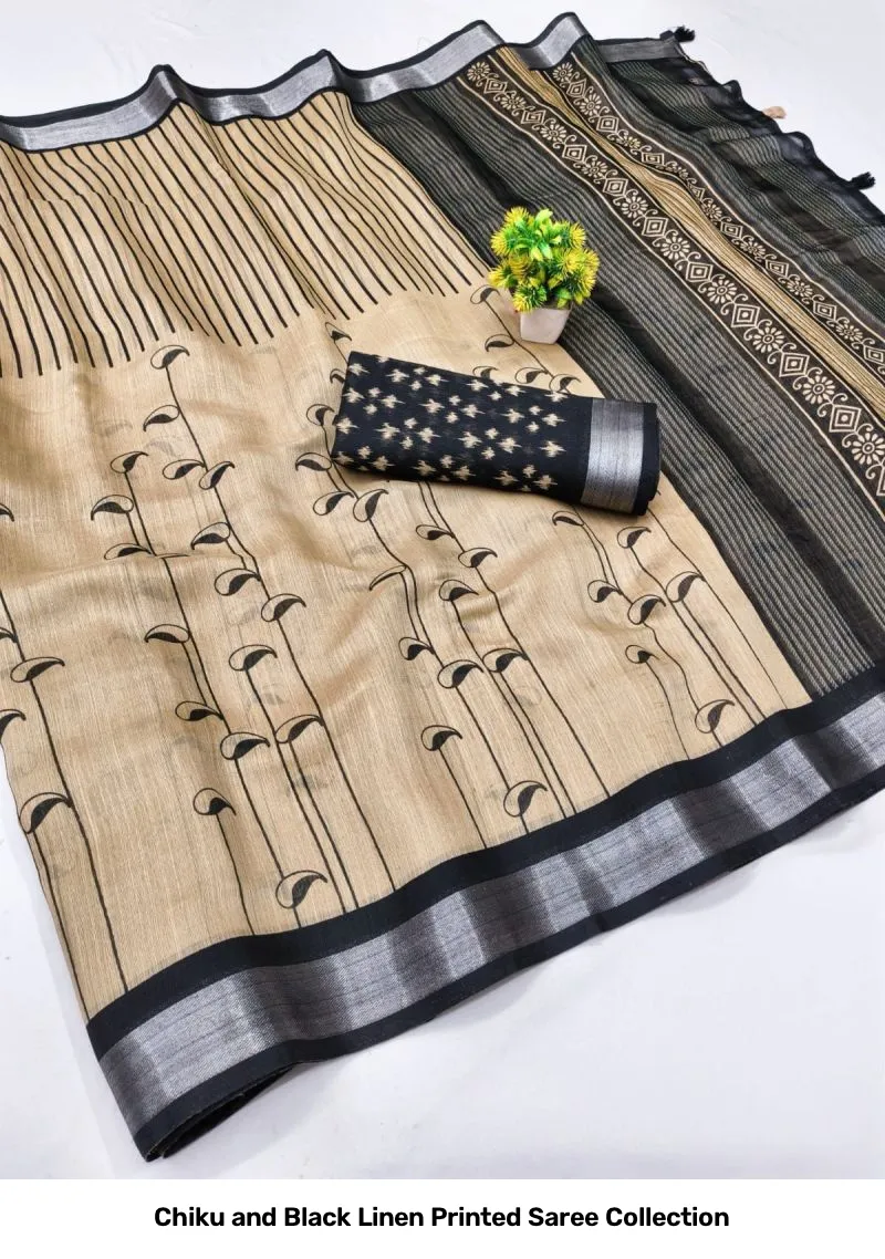 Chiku and Black Linen Printed Saree Collection - Image 2