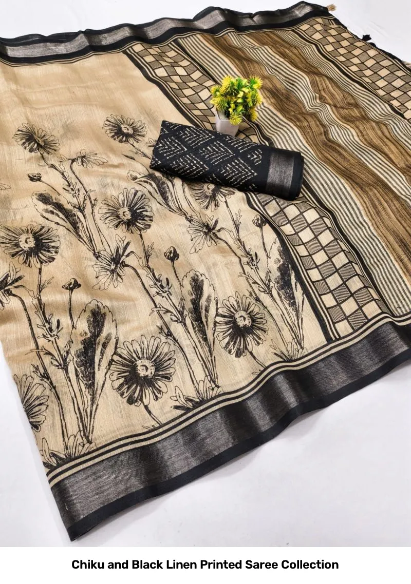 Chiku and Black Linen Printed Saree Collection - Image 3