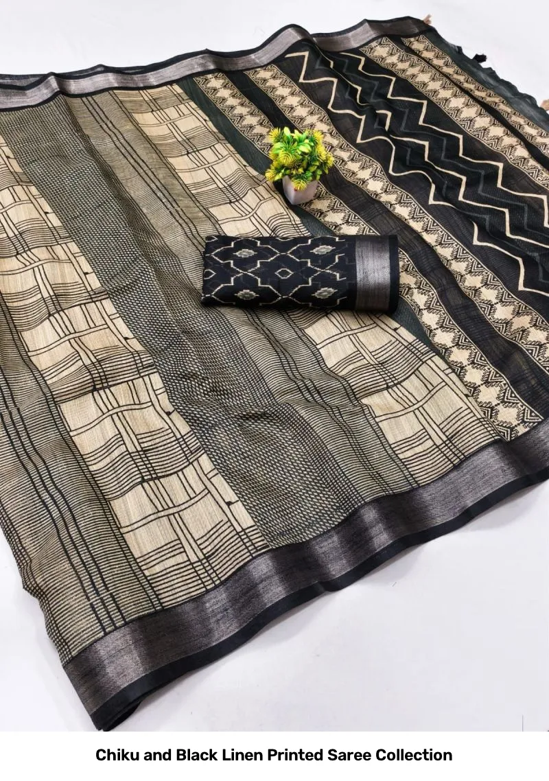 Chiku and Black Linen Printed Saree Collection - Image 4