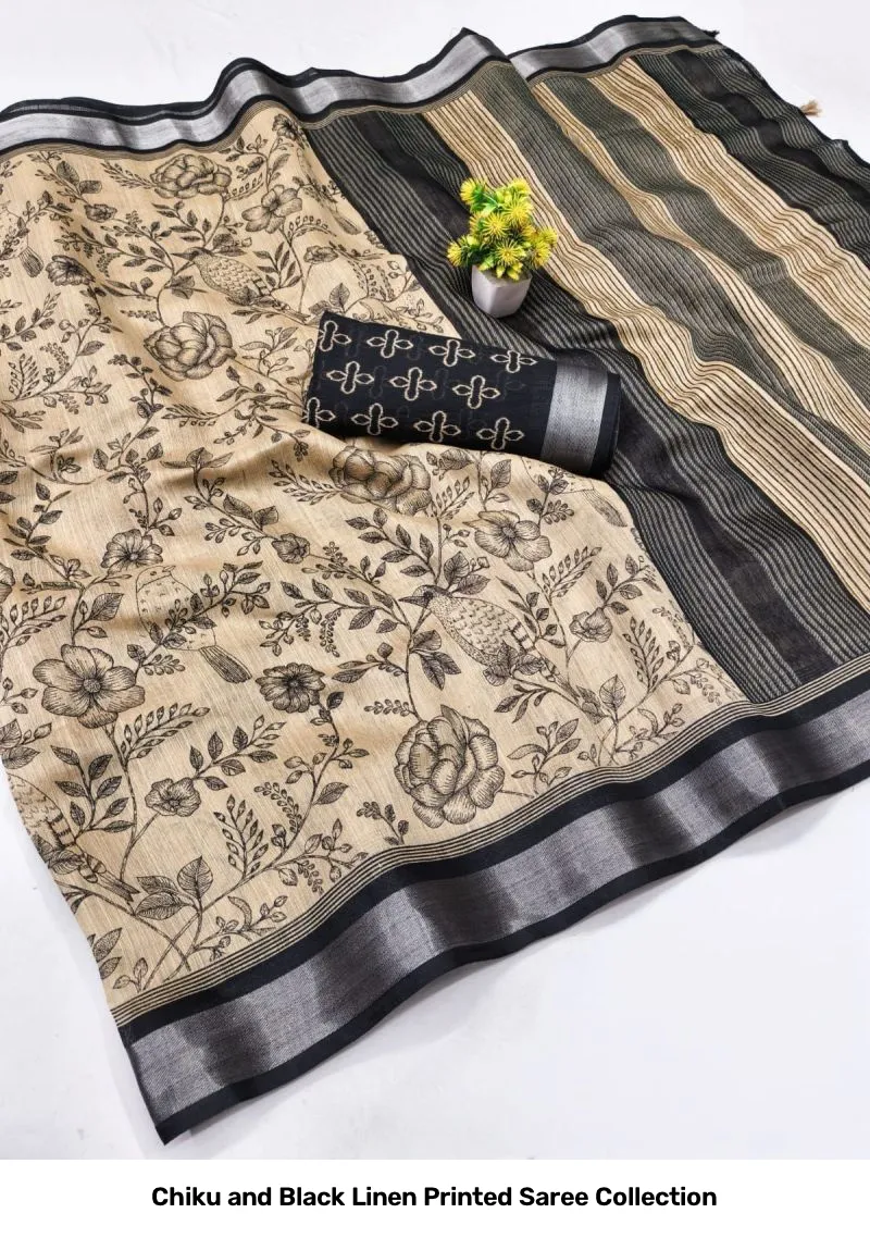 Chiku and Black Linen Printed Saree Collection - Image 5