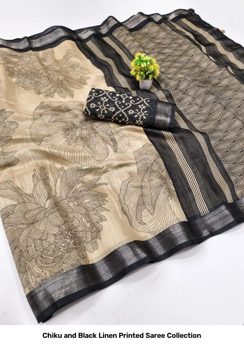 Chiku and Black Linen Printed Saree Collection - Image 6