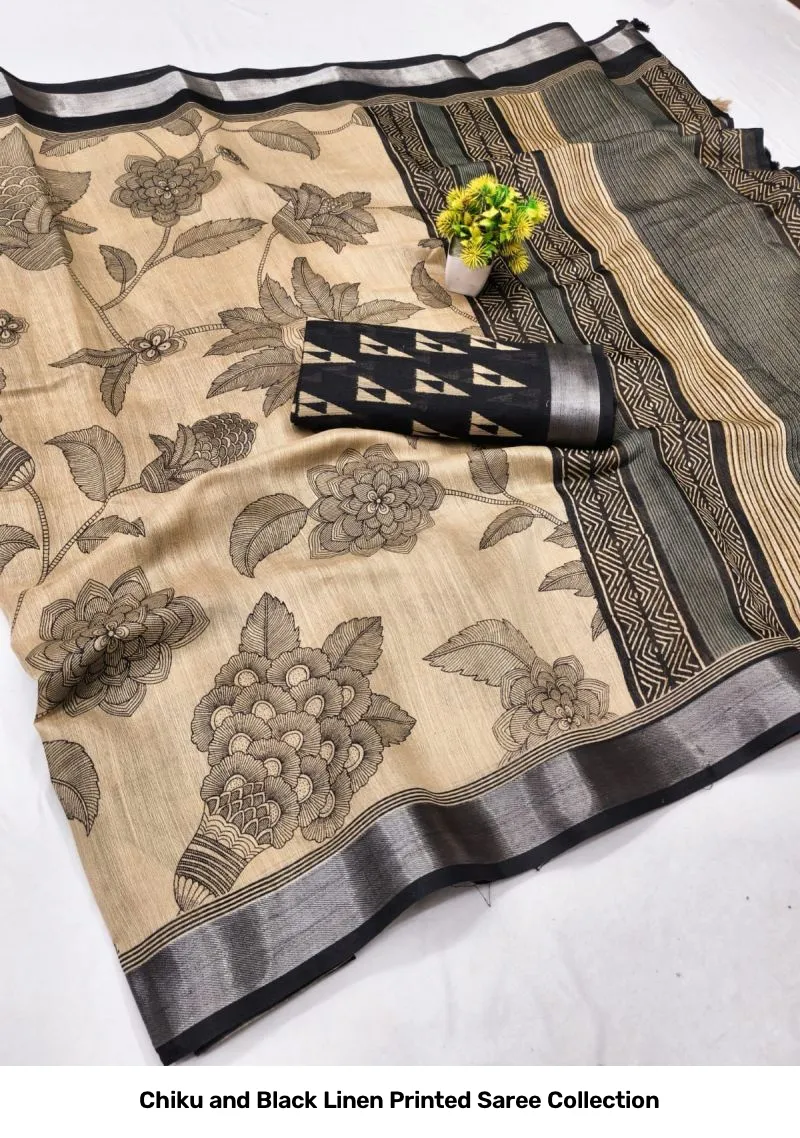 Chiku and Black Linen Printed Saree Collection - Image 7