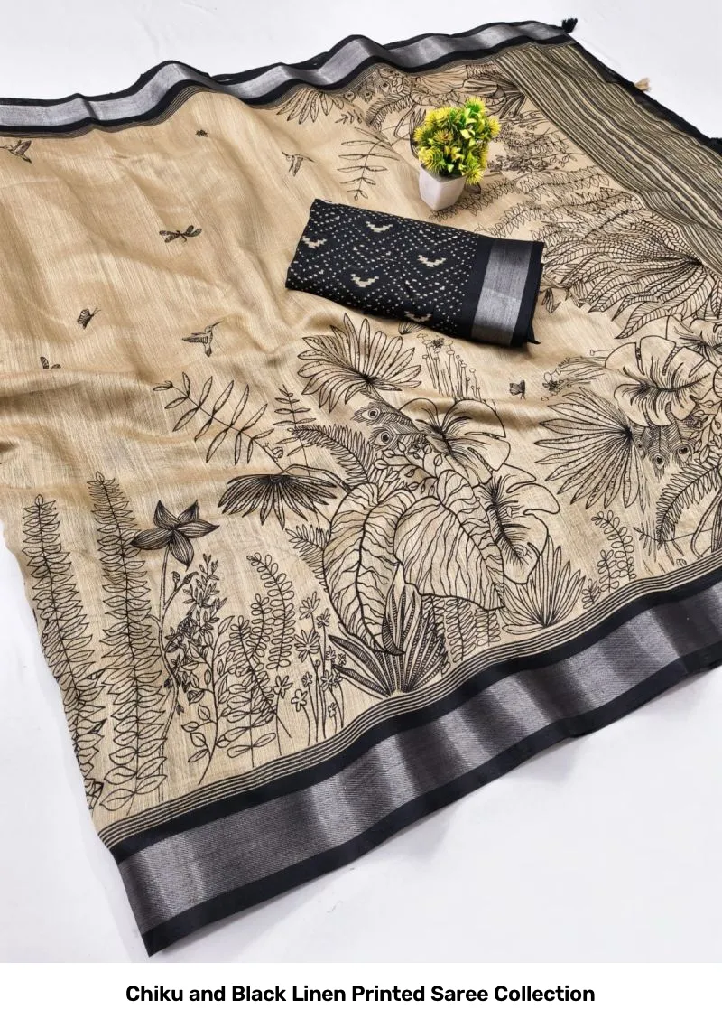 Chiku and Black Linen Printed Saree Collection - Image 8