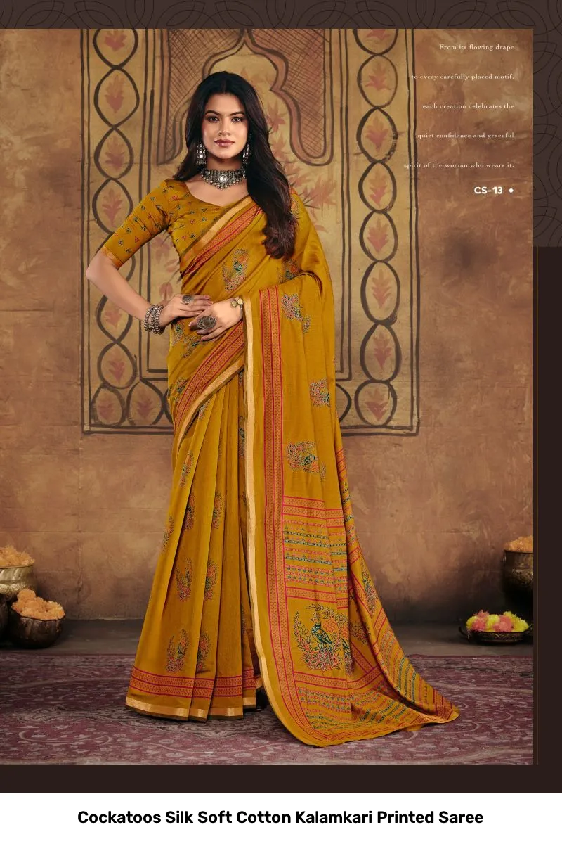 Cockatoos Silk Soft Cotton Kalamkari Printed Saree - Image 10