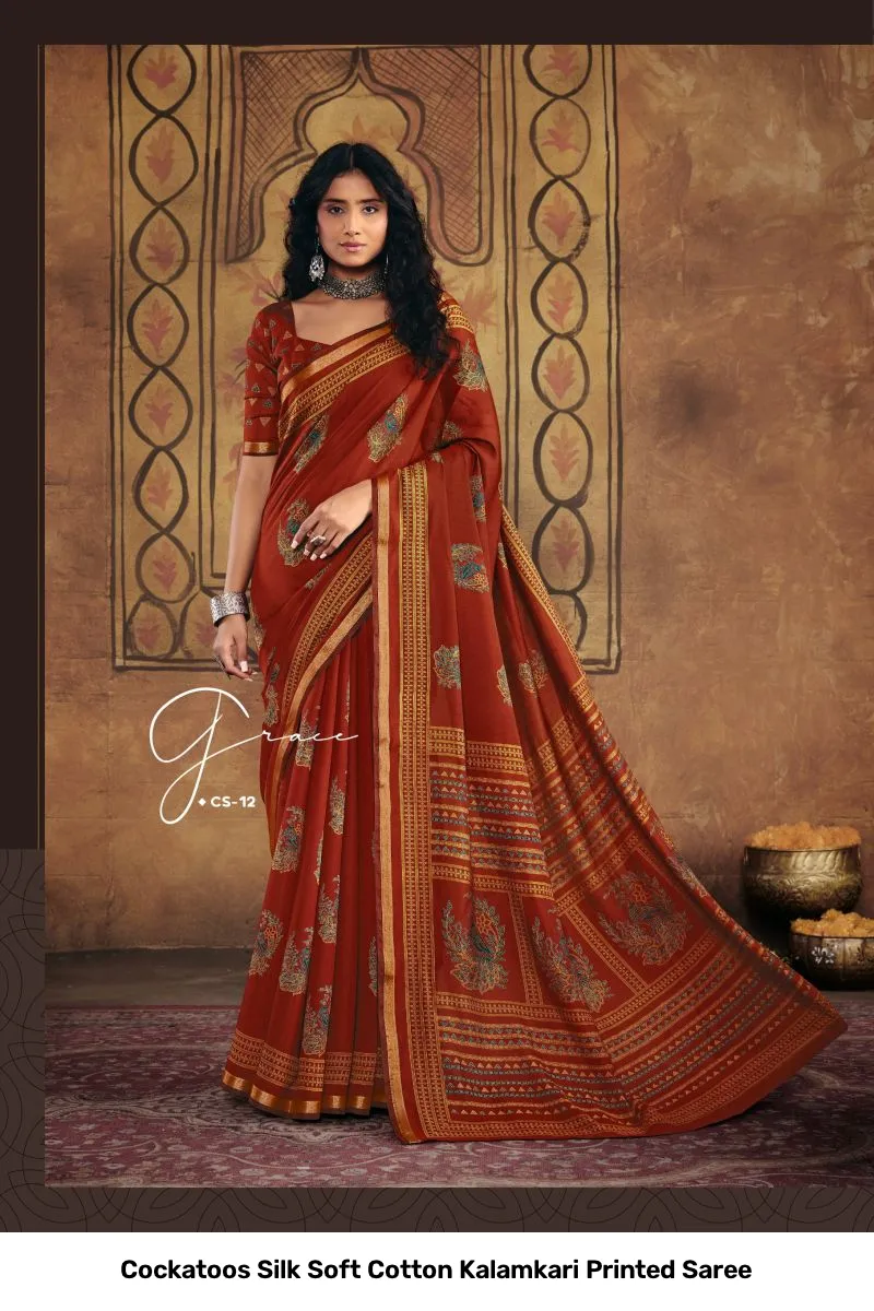 Cockatoos Silk Soft Cotton Kalamkari Printed Saree - Image 11