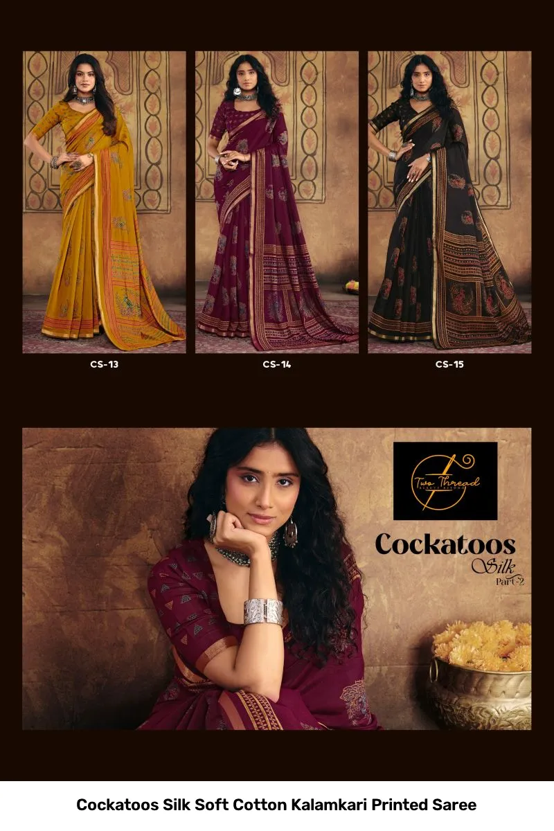 Cockatoos Silk Soft Cotton Kalamkari Printed Saree - Image 2