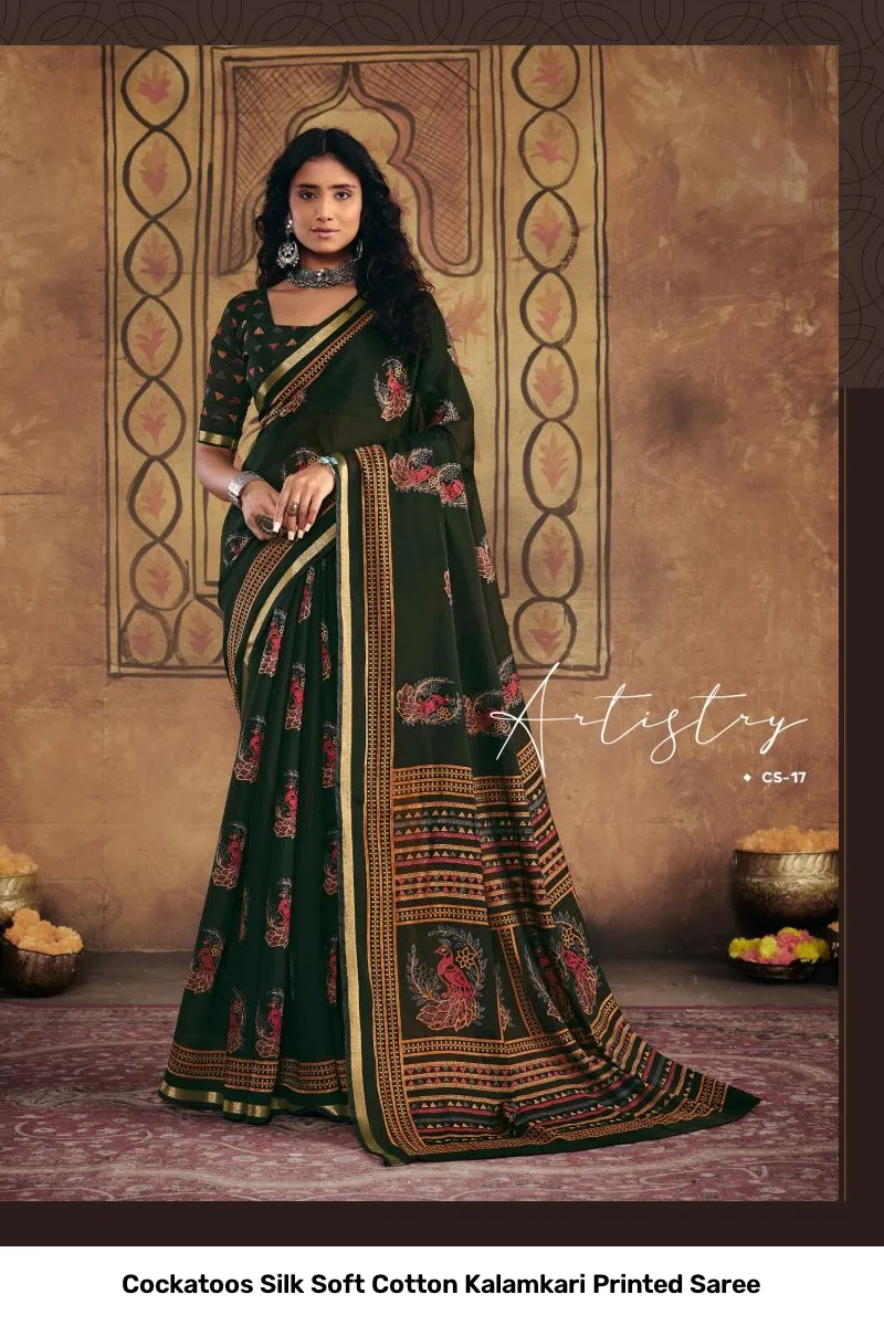 Cockatoos Silk Soft Cotton Kalamkari Printed Saree - Image 3