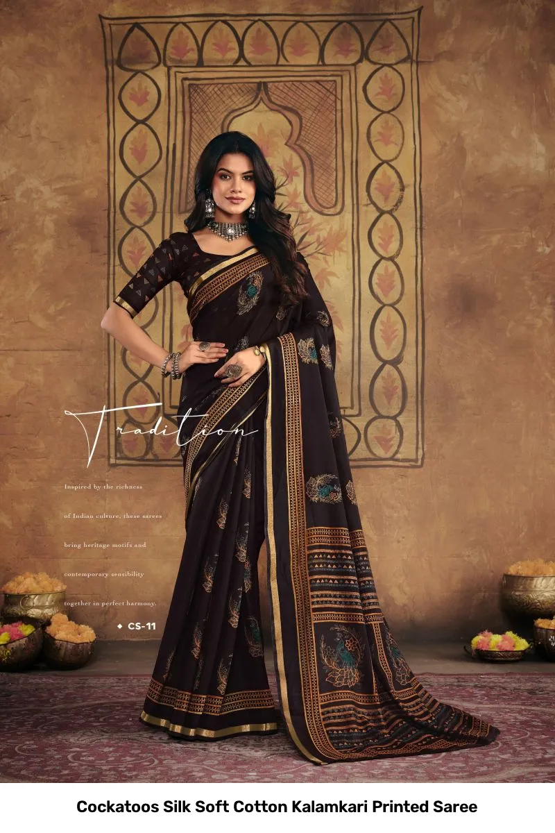 Cockatoos Silk Soft Cotton Kalamkari Printed Saree - Image 4