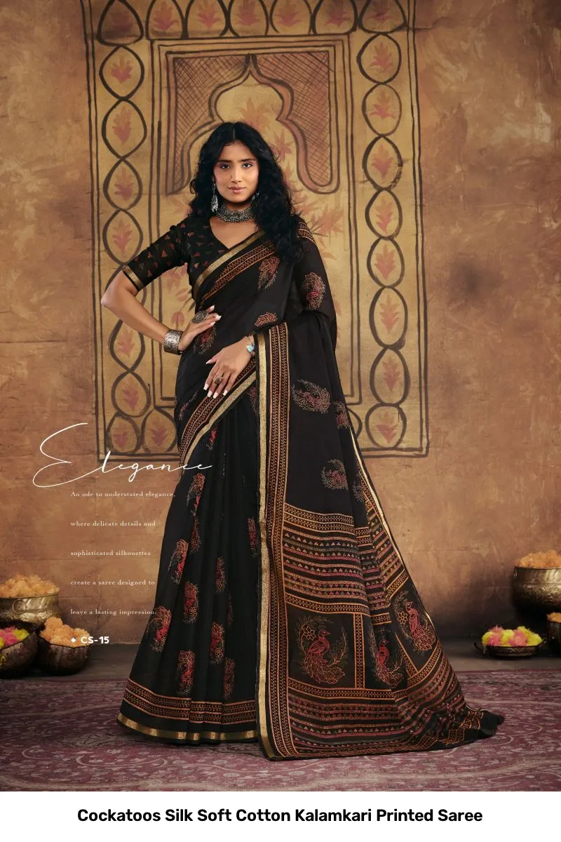 Cockatoos Silk Soft Cotton Kalamkari Printed Saree - Image 5