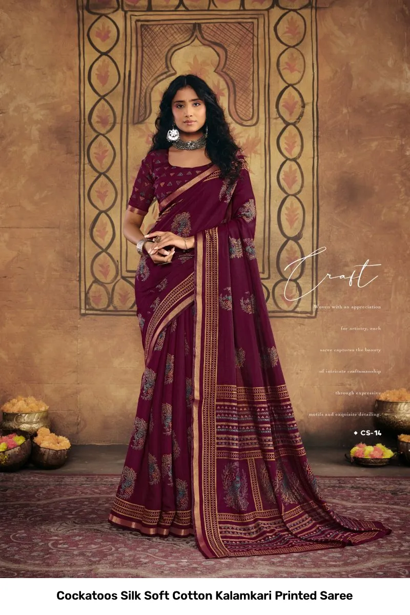 Cockatoos Silk Soft Cotton Kalamkari Printed Saree - Image 6