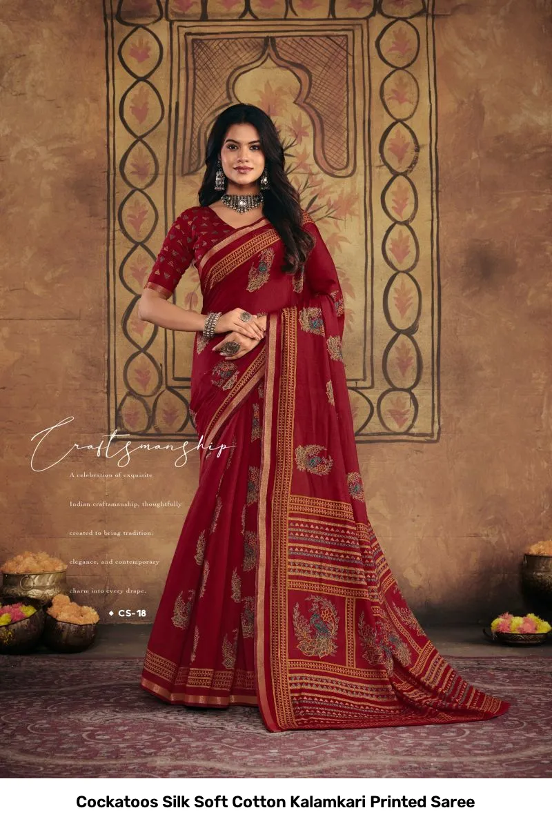 Cockatoos Silk Soft Cotton Kalamkari Printed Saree - Image 7