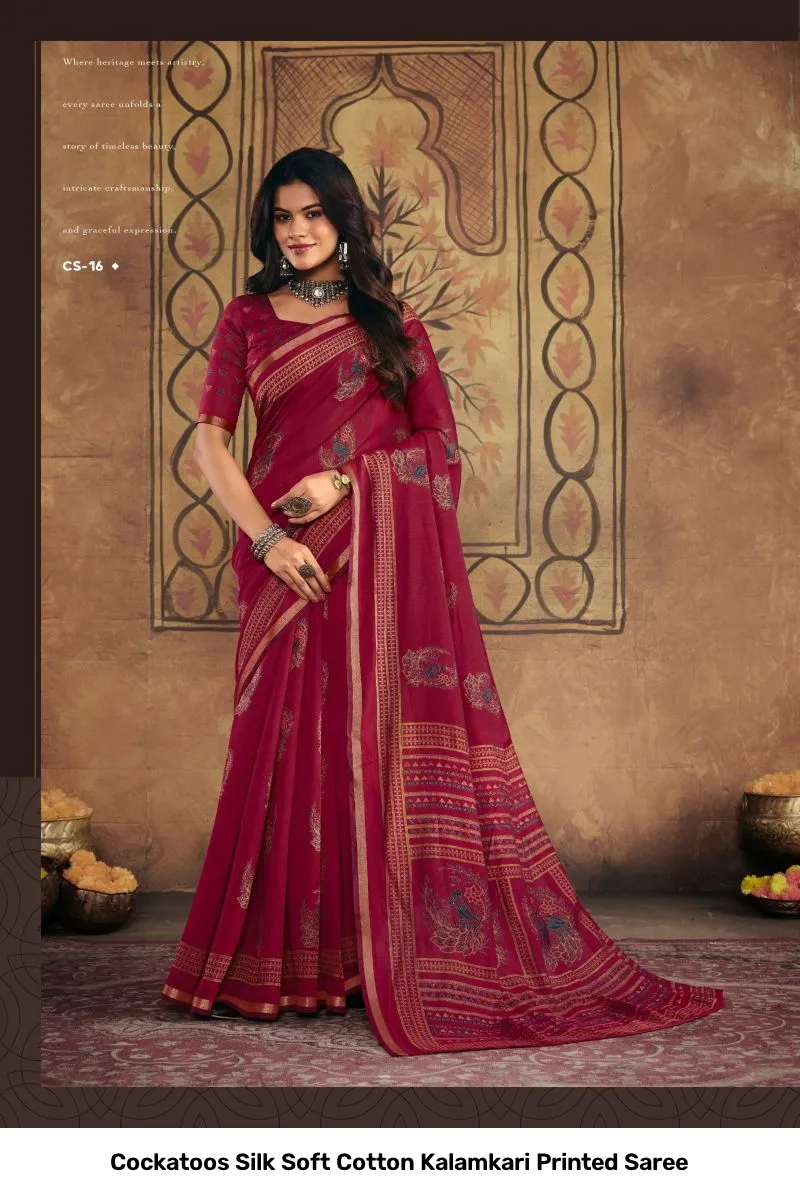 Cockatoos Silk Soft Cotton Kalamkari Printed Saree - Image 8
