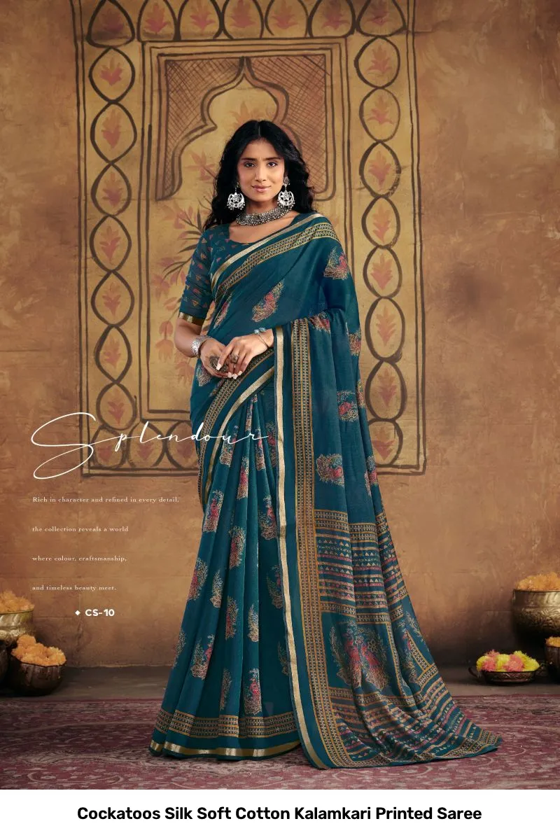 Cockatoos Silk Soft Cotton Kalamkari Printed Saree - Image 9
