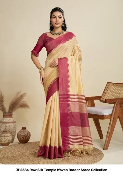 Jf 2584 Raw Silk Temple Woven Border Saree Collection