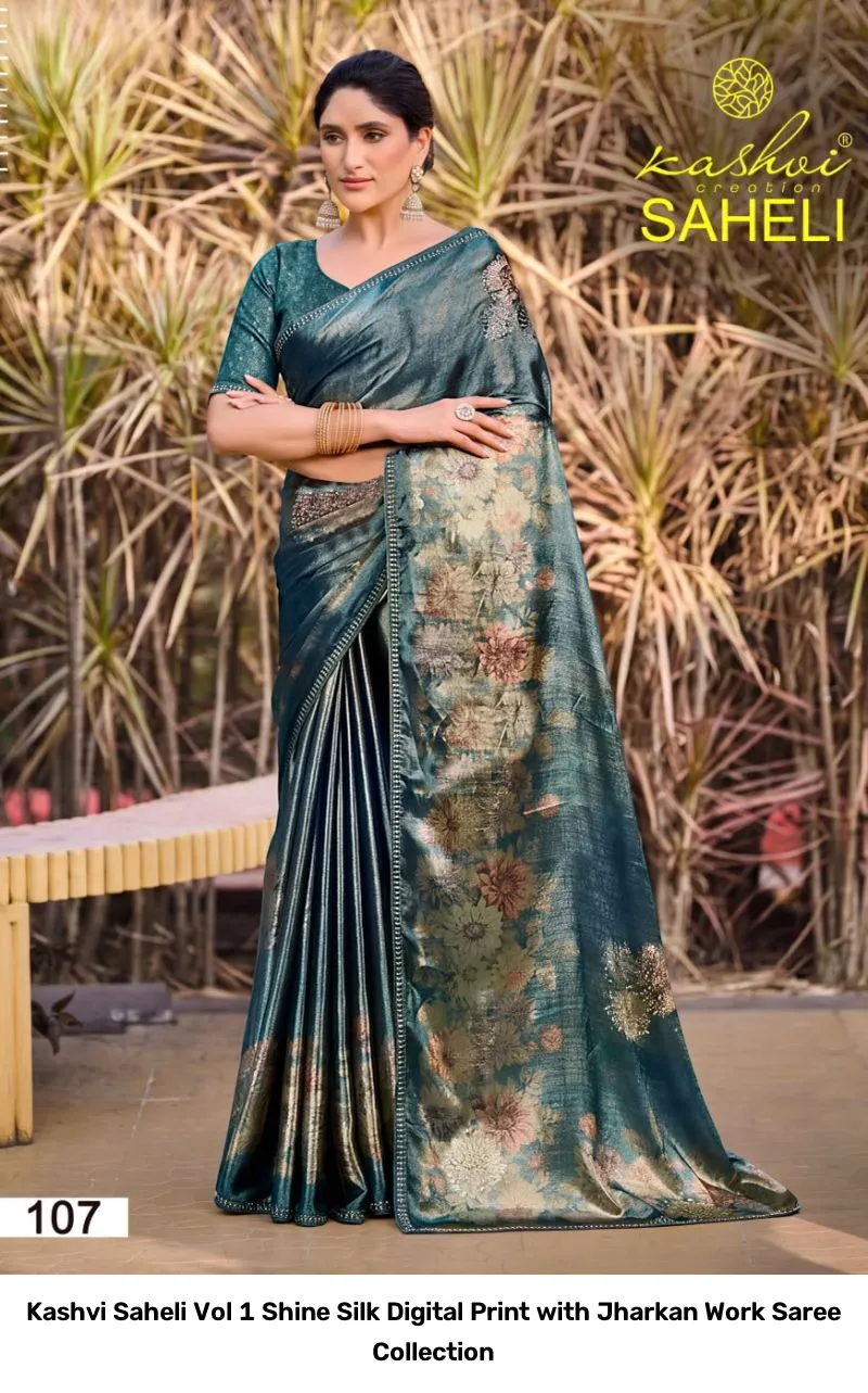 Kashvi Saheli Vol 1 Shine Silk Digital Print with Jharkan Work Saree Collection - Image 5