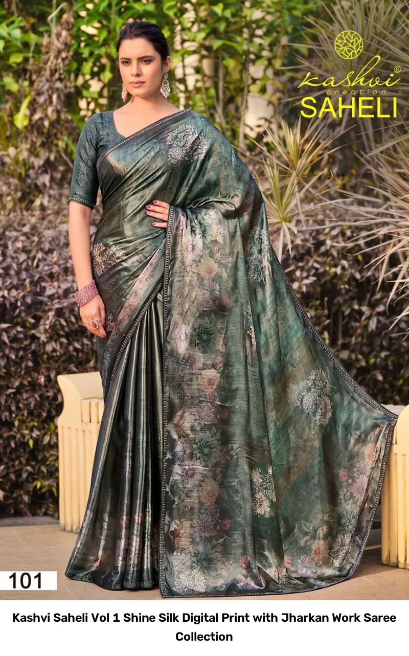 Kashvi Saheli Vol 1 Shine Silk Digital Print with Jharkan Work Saree Collection - Image 6