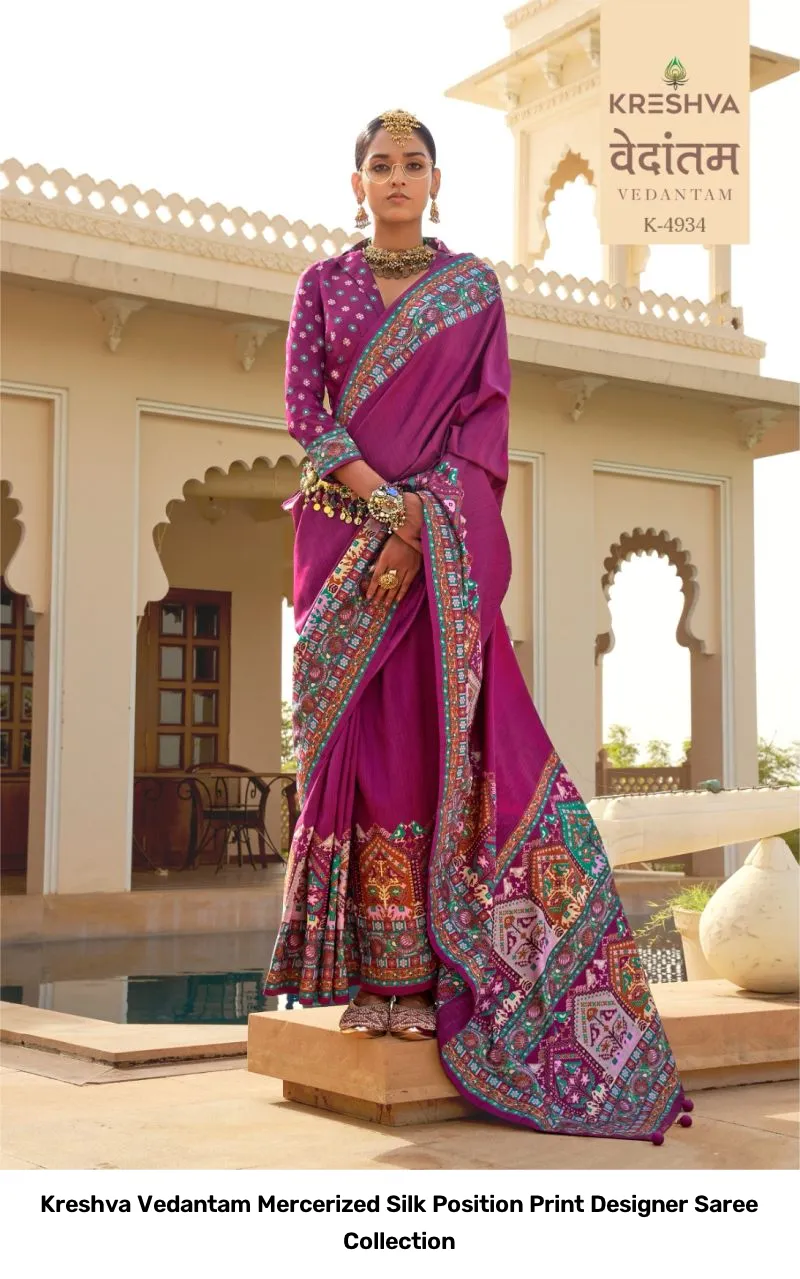 Kreshva Vedantam Mercerized Silk Position Print Designer Saree Collection - Image 5