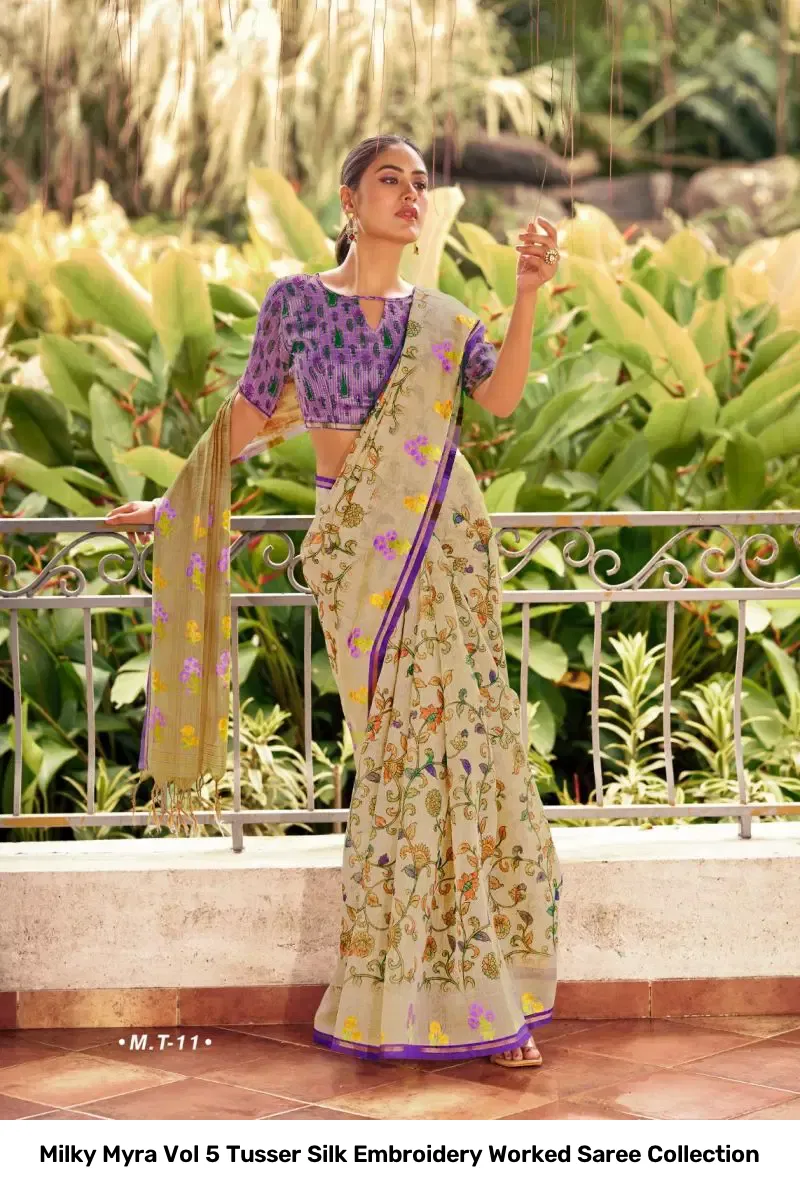 Milky Myra Vol 5 Tusser Silk Embroidery Worked Saree Collection