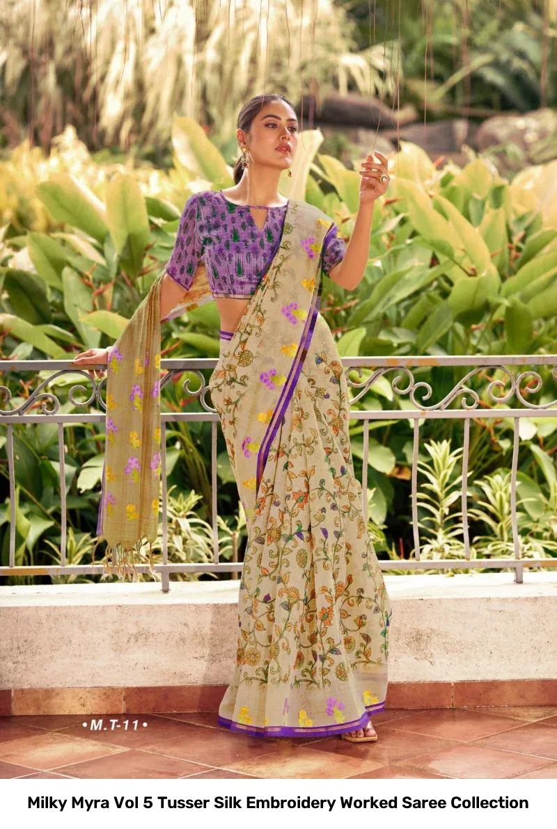 Milky Myra Vol 5 Tusser Silk Embroidery Worked Saree Collection - Image 2