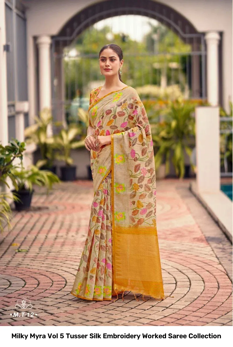 Milky Myra Vol 5 Tusser Silk Embroidery Worked Saree Collection - Image 3