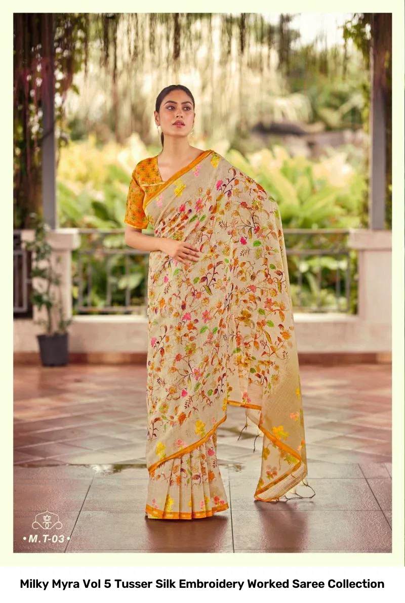 Milky Myra Vol 5 Tusser Silk Embroidery Worked Saree Collection - Image 4