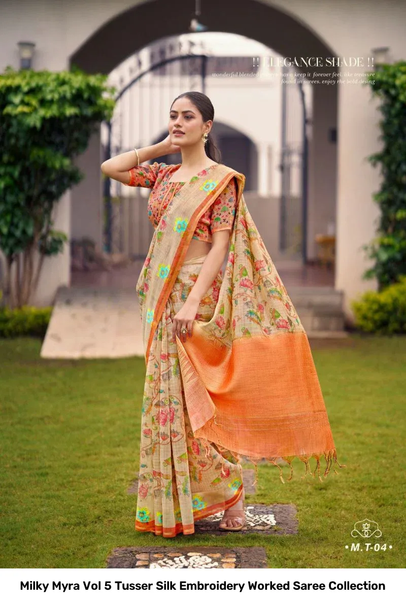Milky Myra Vol 5 Tusser Silk Embroidery Worked Saree Collection - Image 5