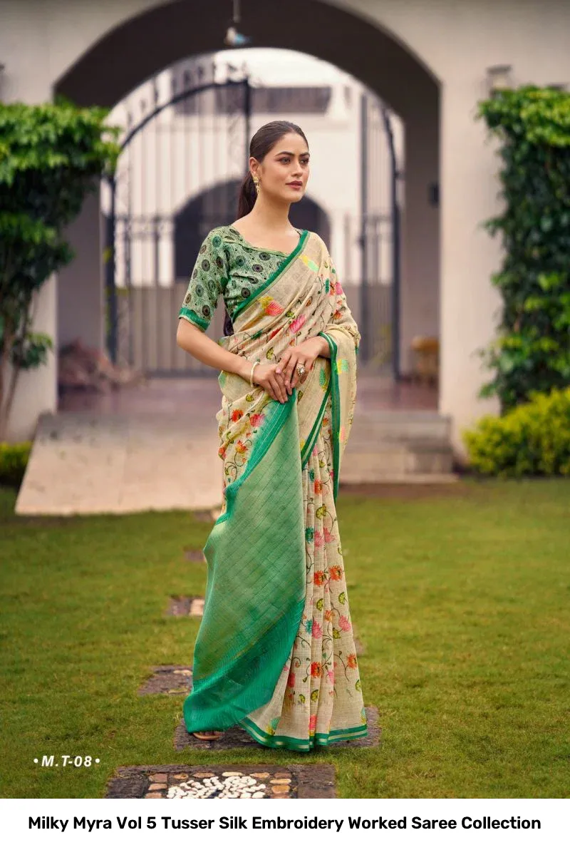 Milky Myra Vol 5 Tusser Silk Embroidery Worked Saree Collection - Image 6