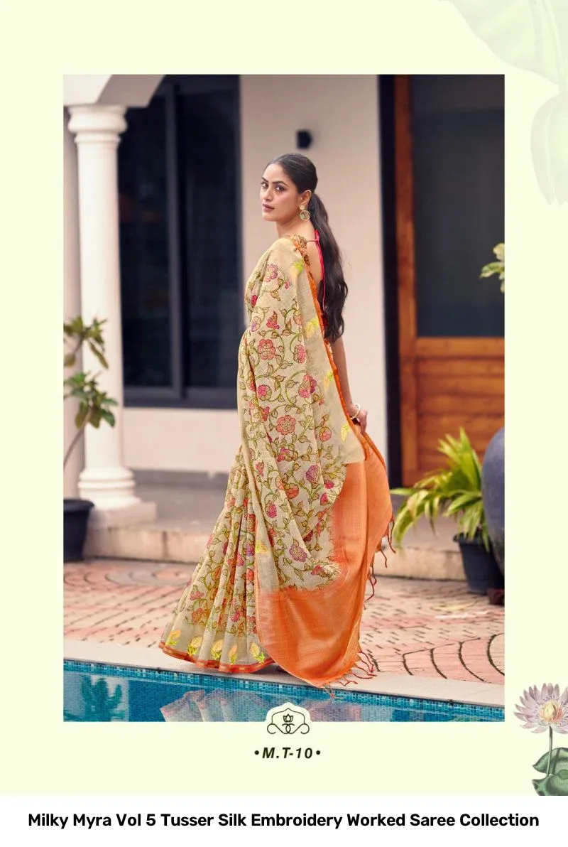Milky Myra Vol 5 Tusser Silk Embroidery Worked Saree Collection - Image 7
