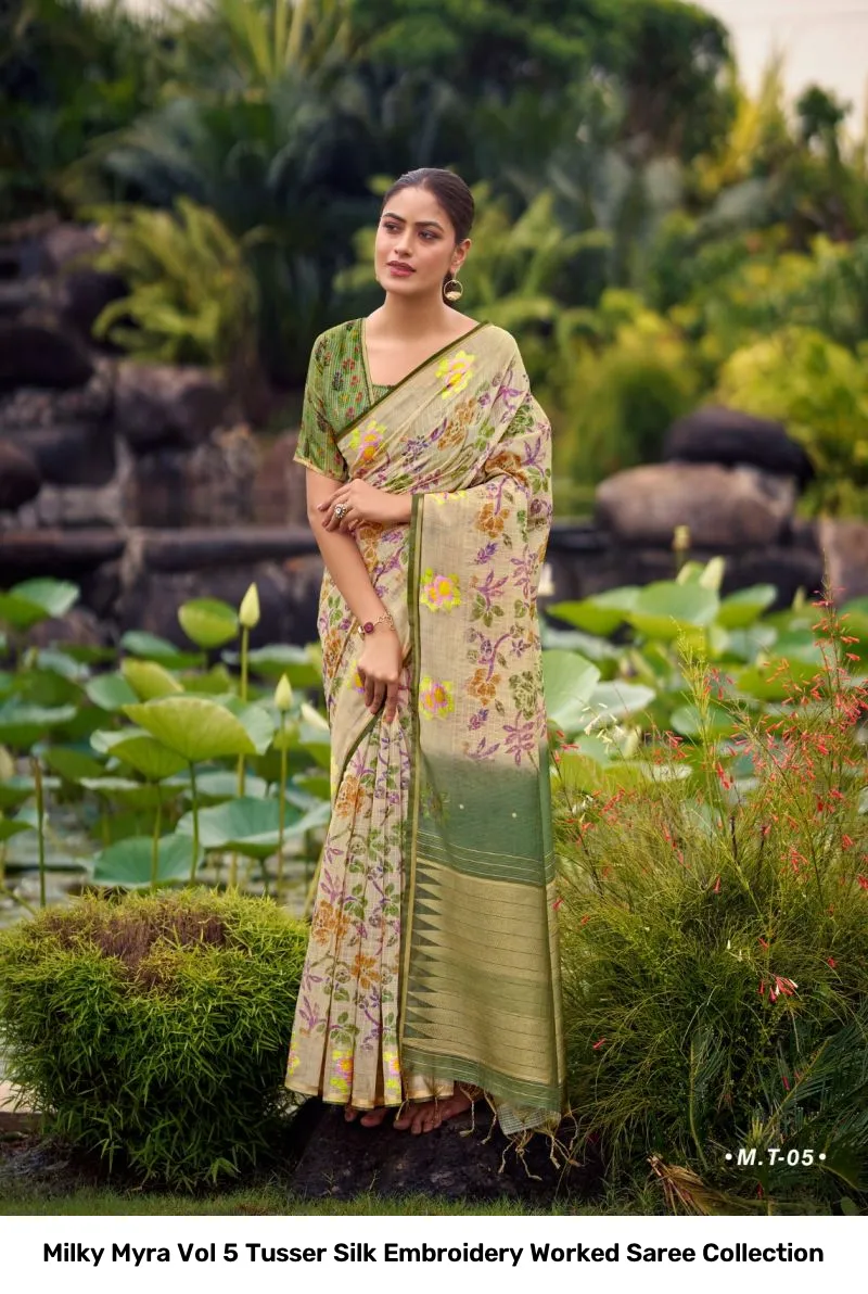 Milky Myra Vol 5 Tusser Silk Embroidery Worked Saree Collection - Image 8
