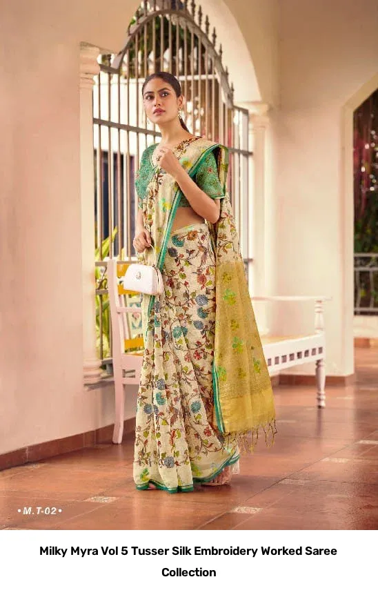 Milky Myra Vol 5 Tusser Silk Embroidery Worked Saree Collection - Image 9