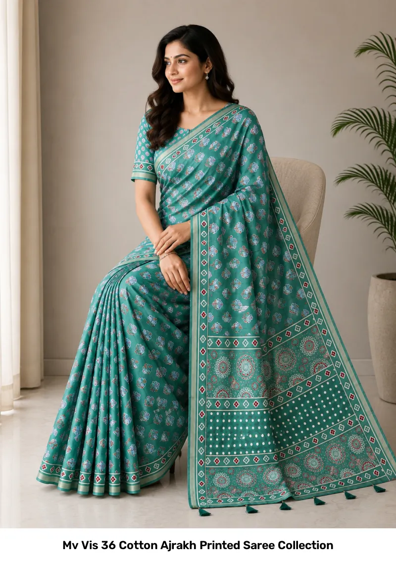 Mv Vis 36 Cotton Ajrakh Printed Saree Collection - Image 10
