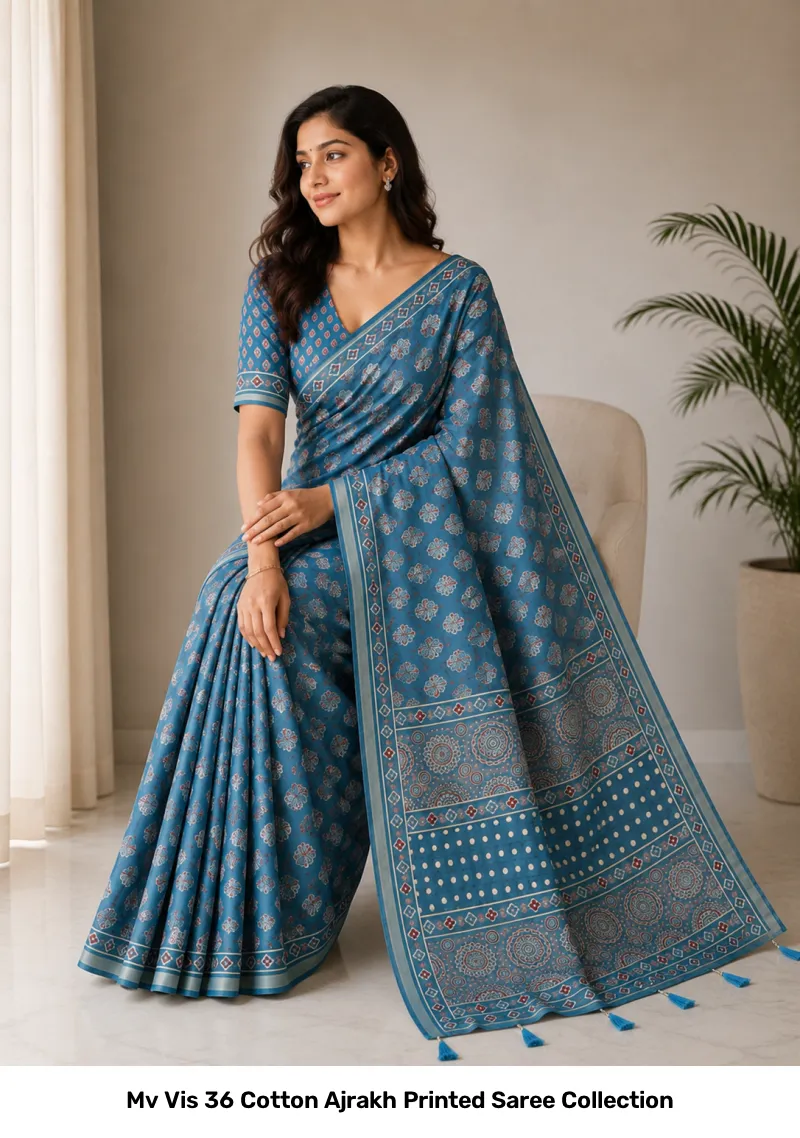 Mv Vis 36 Cotton Ajrakh Printed Saree Collection - Image 13