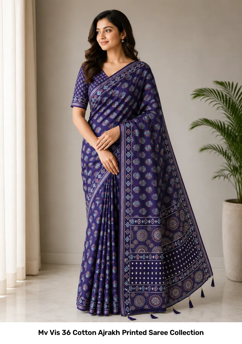 Mv Vis 36 Cotton Ajrakh Printed Saree Collection - Image 4