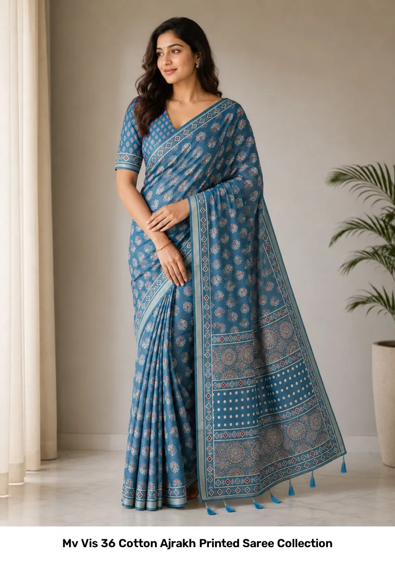 Mv Vis 36 Cotton Ajrakh Printed Saree Collection - Image 8