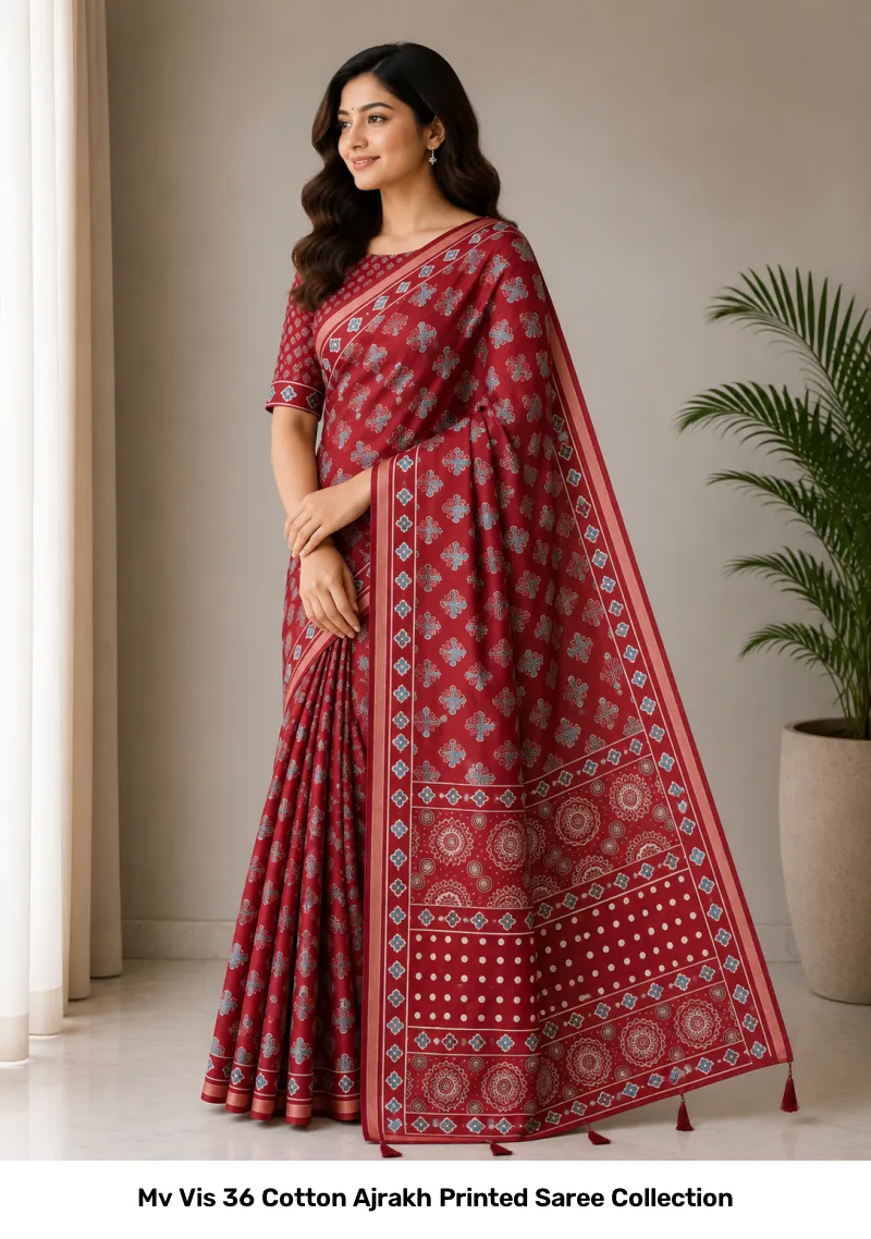 Mv Vis 36 Cotton Ajrakh Printed Saree Collection - Image 9