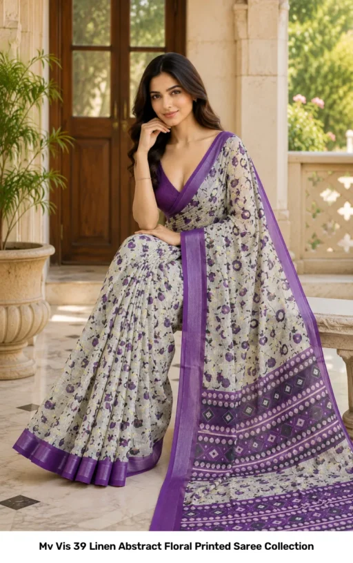 Mv Vis 39 Linen Abstract Floral Printed Saree Collection