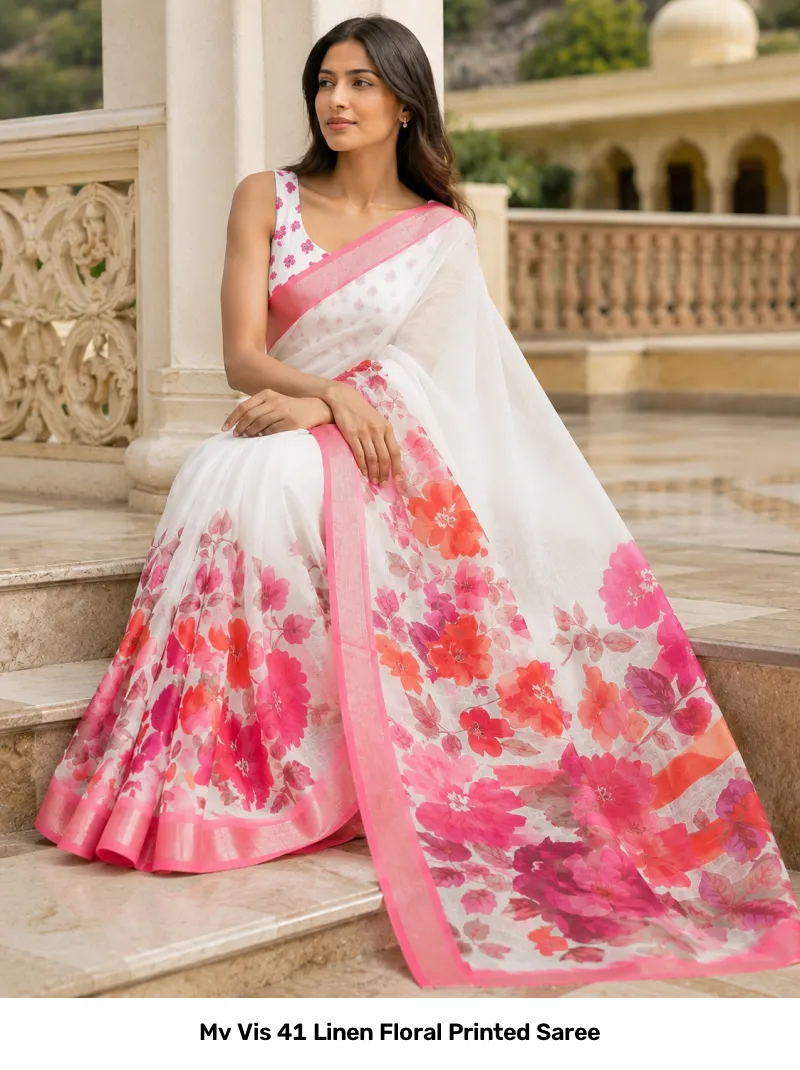 Mv Vis 41 Linen Floral Printed Saree - Image 2