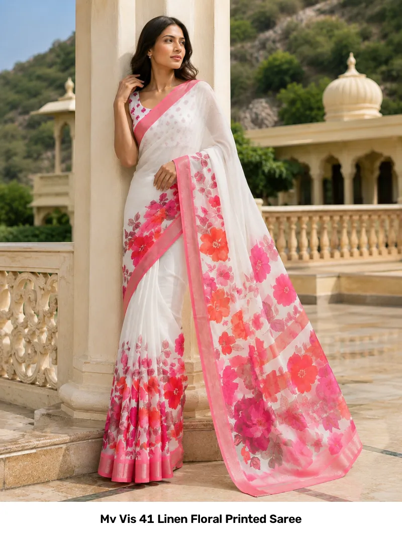 Mv Vis 41 Linen Floral Printed Saree - Image 3