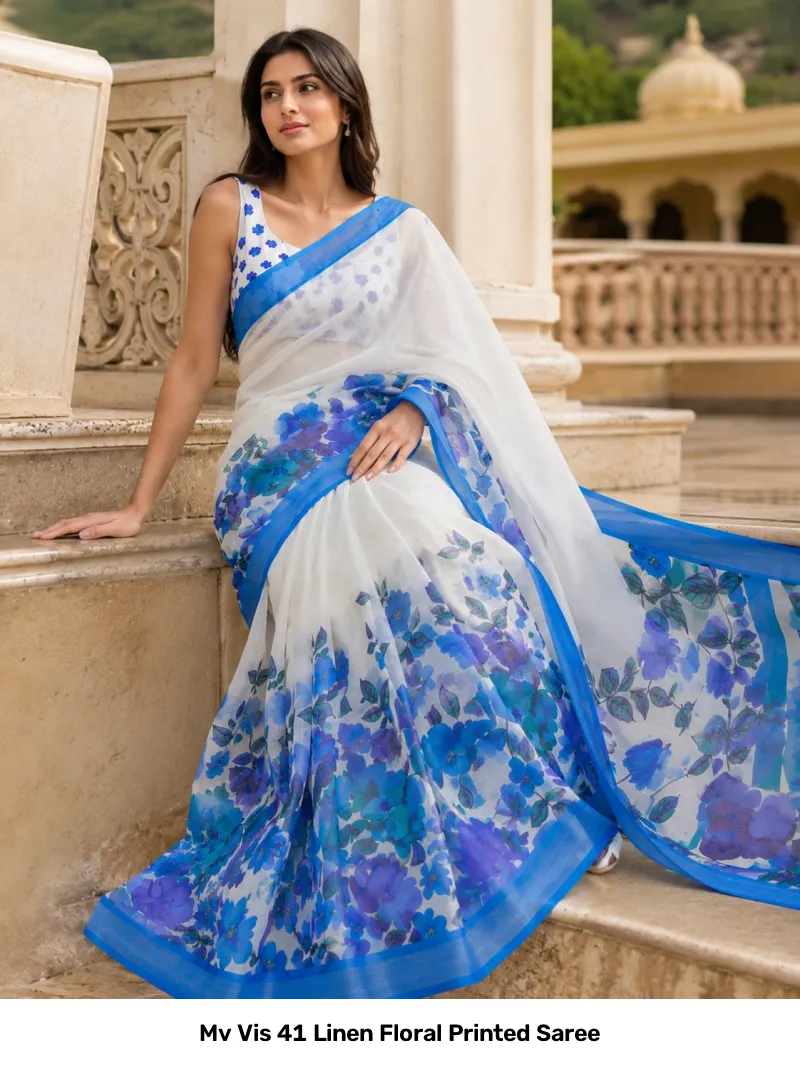Mv Vis 41 Linen Floral Printed Saree - Image 6