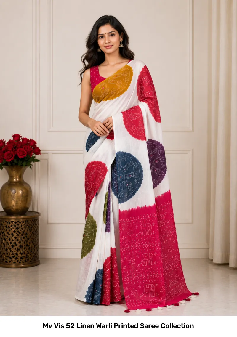Mv Vis 52 Linen Warli Printed Saree Collection - Image 3