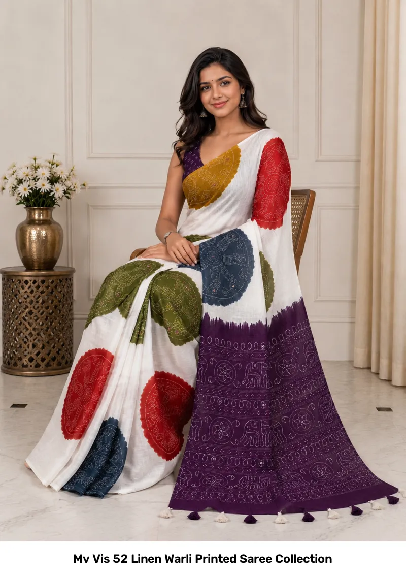 Mv Vis 52 Linen Warli Printed Saree Collection - Image 4