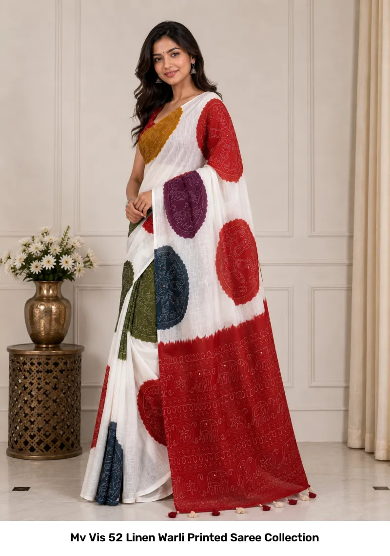 Mv Vis 52 Linen Warli Printed Saree Collection - Image 5