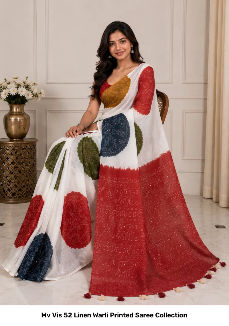 Mv Vis 52 Linen Warli Printed Saree Collection - Image 7