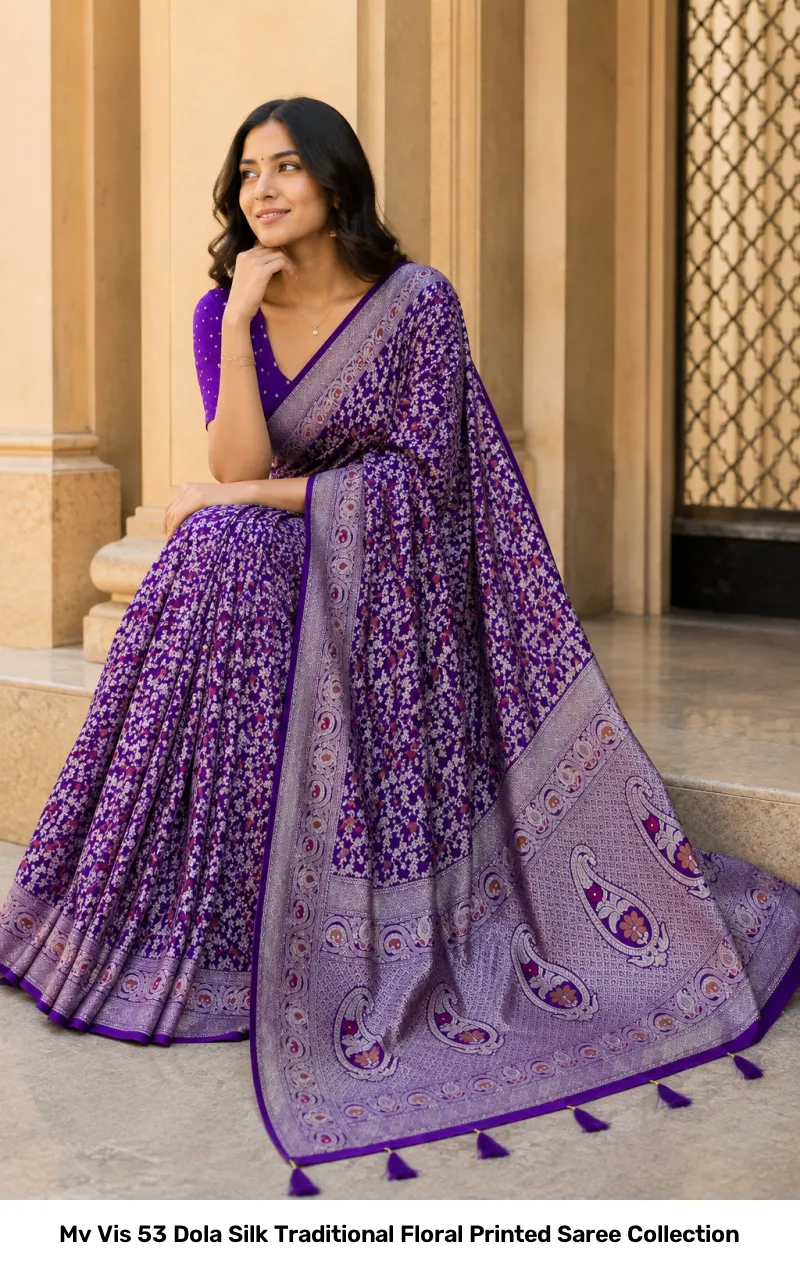 Mv Vis 53 Dola Silk Traditional Floral Printed Saree Collection - Image 2