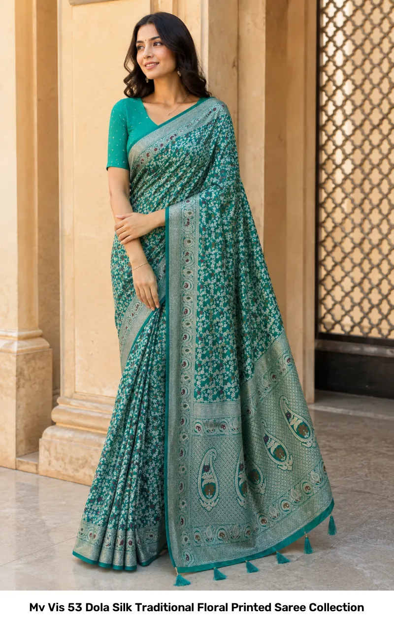 Mv Vis 53 Dola Silk Traditional Floral Printed Saree Collection - Image 3