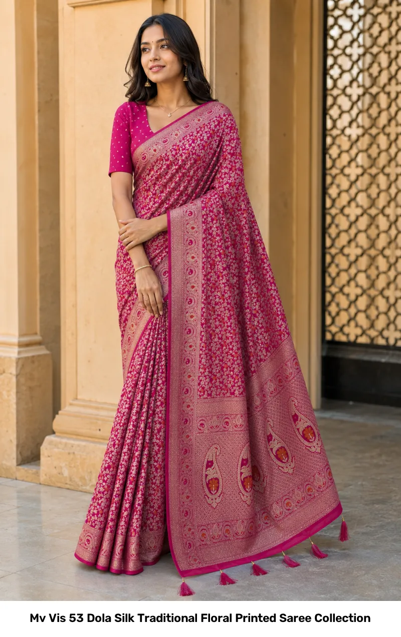 Mv Vis 53 Dola Silk Traditional Floral Printed Saree Collection - Image 4