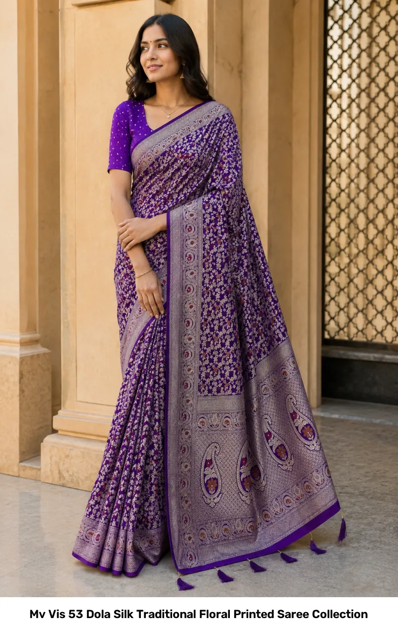 Mv Vis 53 Dola Silk Traditional Floral Printed Saree Collection - Image 6